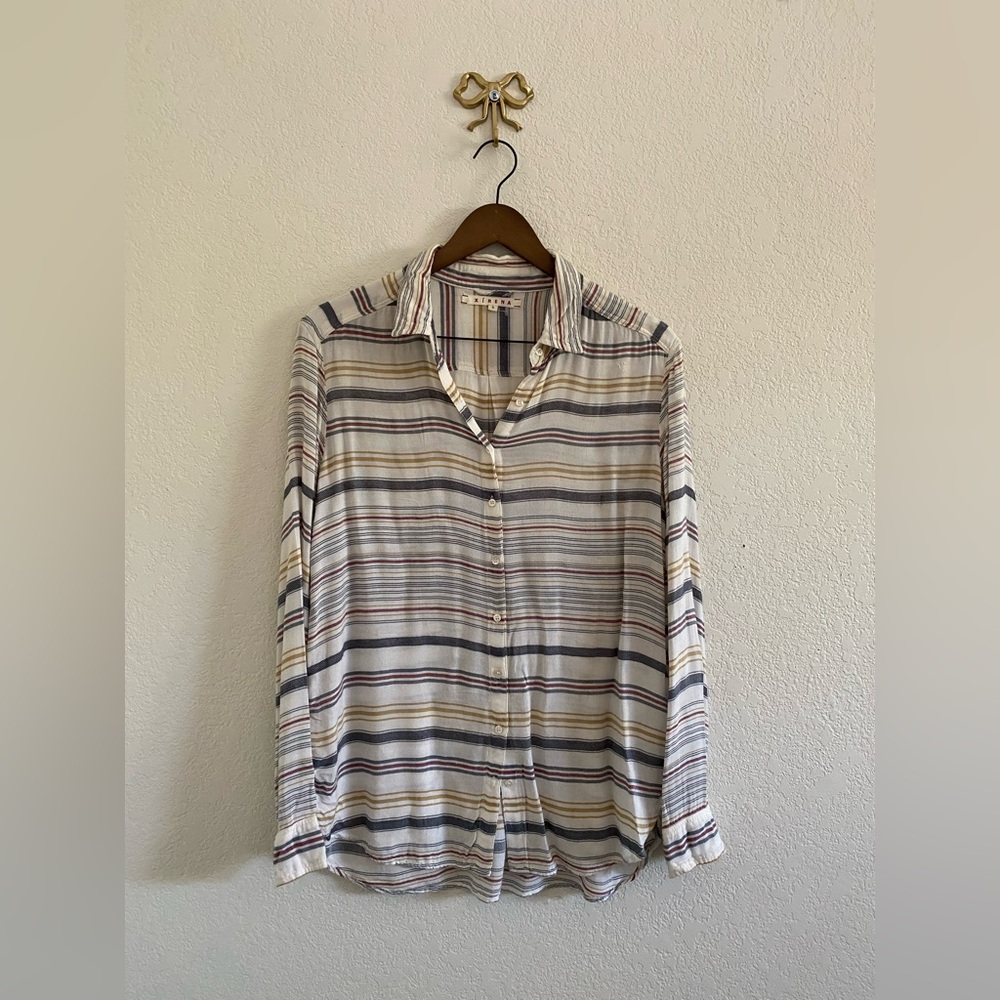 Xirena Multi Color Striped Button Up Shirt Boho Relaxed Fit Rayon Size Small